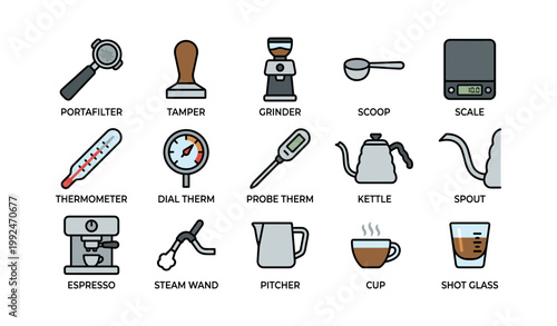 Coffee tools and equipment icons on white background