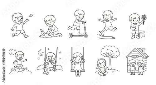 Child, kids, playful, cartoon, icons, 10 illustrations, black and white, line art, vector graphics