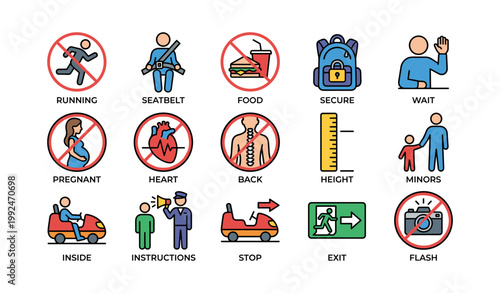 Safety and prohibition icons for ride instructions on white background