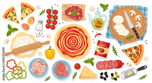 Delicious pizza ingredients, food icons, vector set of 25 elements, colorful illustration
