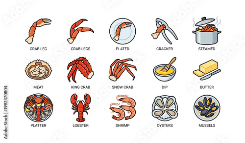Seafood icons depicting crab legs and shellfish on white background