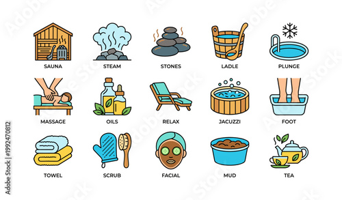 Spa and wellness icons showing sauna massage and relaxation items