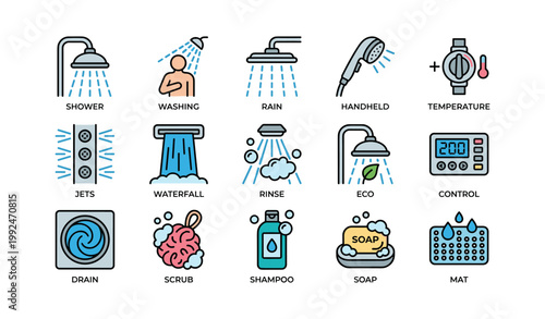 Shower function icons illustrating modes and bathroom features