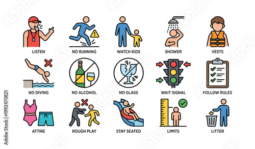 Pool safety icons showing rules and warnings at facility