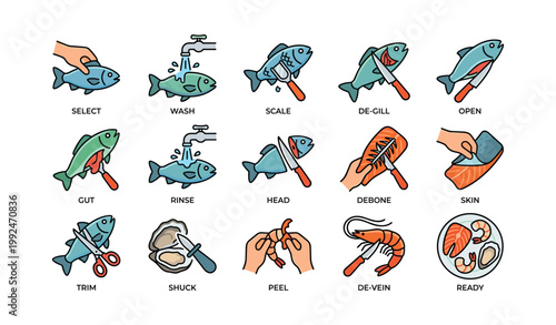 Fish preparation icons illustrating processing steps in kitchen