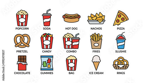 Concession stand snack icons showing popcorn drinks and treats