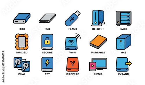 Storage device icons showing drive types and features grid