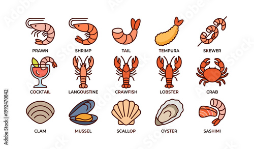 Seafood items labeled in a grid on a white background