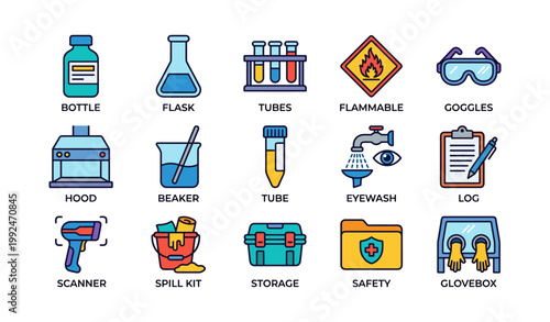 Laboratory safety and equipment icons arranged on white background