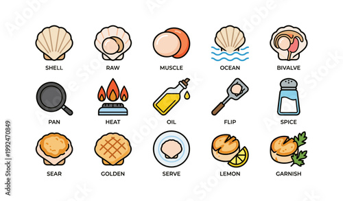 Scallop and cooking icons showing preparation steps and tools