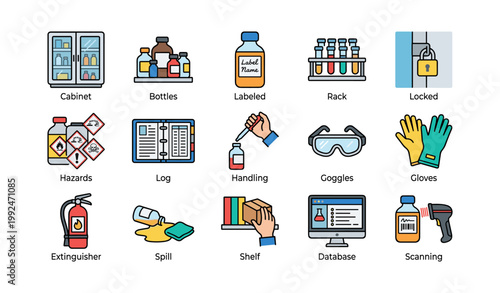 Laboratory storage and handling icons with safety items on white