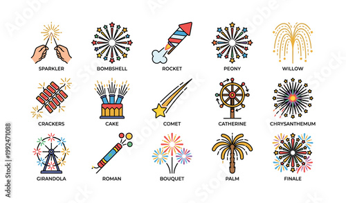 Fireworks icons arranged in grid on white background
