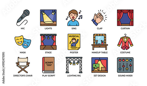 Theater and stage icons arranged in grid on white background