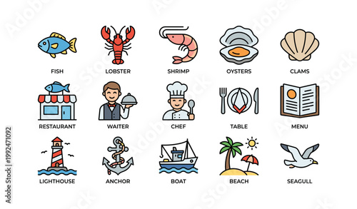 Seafood and restaurant icons arranged in labeled grid