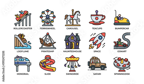 Amusement park rides displayed as icons on white background