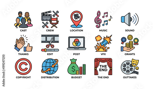 Film production icons of cast crew post and distribution on white