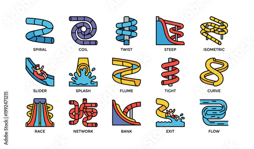Water slide and pool icons showing slide types on white background
