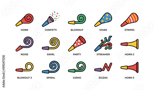 Party noisemakers and confetti icons displayed on white background