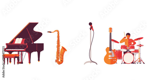A colorful illustration showcasing a jazz band with piano saxophone guitar and drums