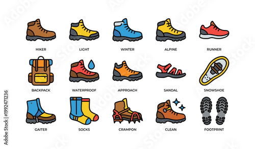Hiking and outdoor footwear icons showing boots shoes and accessories
