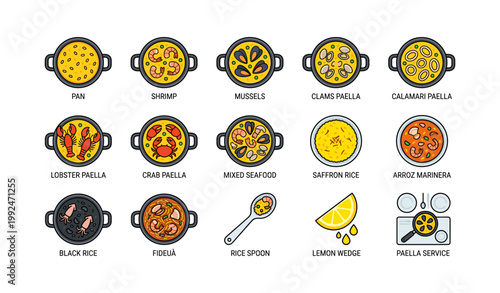 Paella and seafood icons showing varieties and serving elements