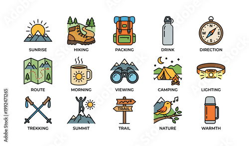 Hiking and camping icons showing outdoor gear and trail activities