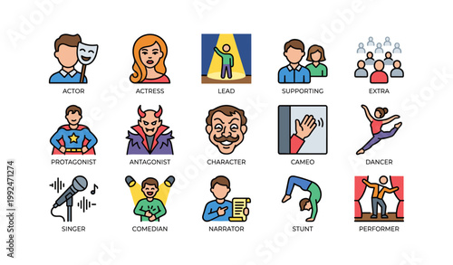 Acting icons showing roles and performance types on white