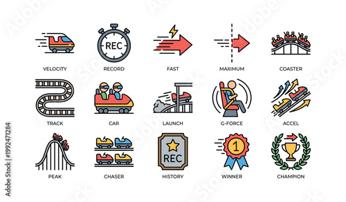 Roller coaster and speed icons showing tracks cars and peaks