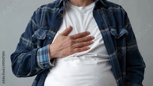 男性が室内でお腹に手を当てて立つ日中の近接ポートレート