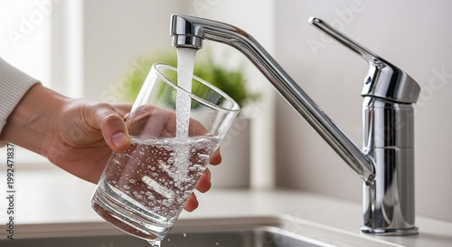 A person's hand holds a glass to get clean drinking water from the tap.