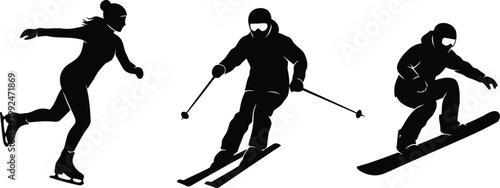  Flat vector illustration, white background. An ice skater, a skier with poles, and a snowboarder. Minimalist