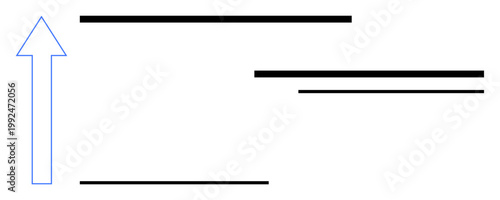 Directional guidance, progress tracking, navigation focus, data visualization, business growth, abstract concepts. A blue upward arrow alongside horizontal black lines. Directional guidance
