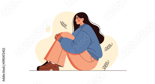 Sad woman sitting alone, depressed female, emotional illustration, vector graphics