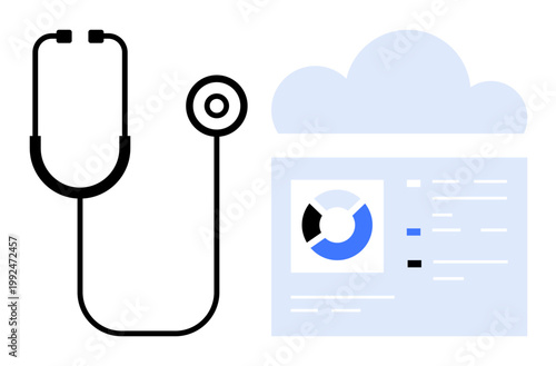 Digital health concept. Stethoscope and cloud computing for medical record storage, real-time health updates, and data analytics. Digital health improving telemedicine and patient care. Use in