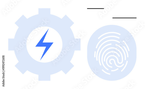 Data security, biometrics, energy solutions, technology innovation, digital identity, modern efficiency. Gear with lightning bolt and circular fingerprint icon. Biometrics and data security concepts