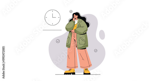 Worried woman, stressed person, anxious female, illustration, vector graphics