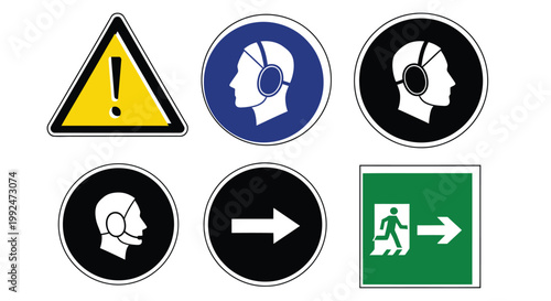 Collection of safety warning and instruction signs including hearing protection and exit