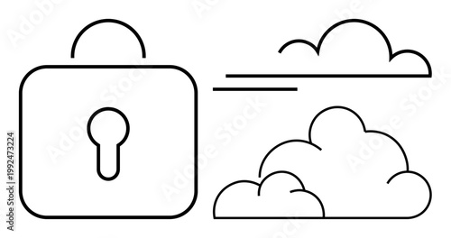Cloud storage, data security, privacy, digital safety, online protection, network security. Minimalist lock with stylized clouds evoking secure digital storage. Cloud storage and data security