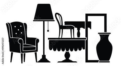 Simple black and white illustration of furniture including a chair lamp and vase