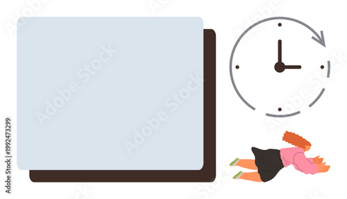 Time management, productivity, burnout, stress, deadlines, task management. Clock with arrow, document person lying flat. Time management and productivity concept