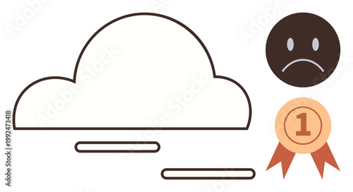 Success, failure, online ranking, cloud computing, digital services, competition. Minimalist cloud with a sad face and a first place ribbon. Success and failure concept