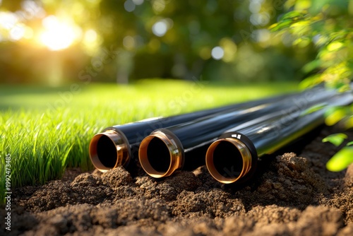 Geothermal Heating System Pipes Embedded Underground in a Lush Green Landscape