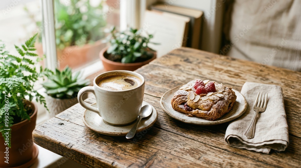 Fototapeta premium Coffee cup and berry pastry on wooden table by window plants