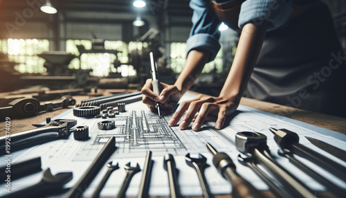 Craftsman's Hands Working with Tools and Blueprint on Workshop Table