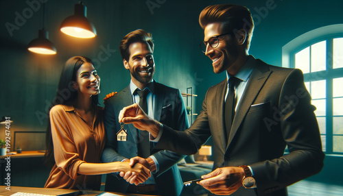 Real Estate Agent Handshake with Happy Couple Receiving House Keys