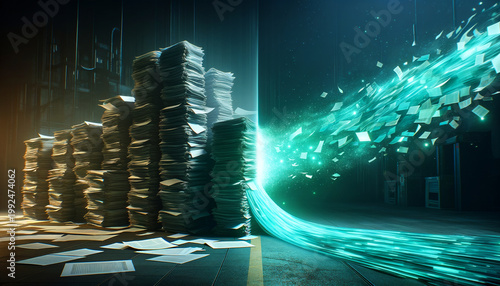 Paper Documents Transformed into Digital Data Stream – Digitization Concept