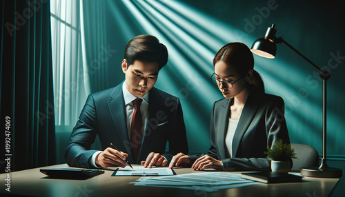 Two Business Professionals Signing Financial Documents Together