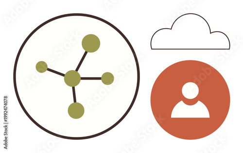 Technology, cloud storage, data sharing, networking, user access, connection systems. Icon elements include a molecular structure, cloud outline and profile symbol. Technology and cloud storage