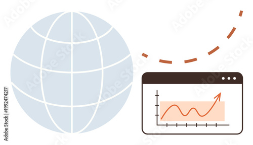 Data analytics, global business, digital economy, internet growth, research insights, technology. Globe icon beside a line graph. Data analytics and global business concept