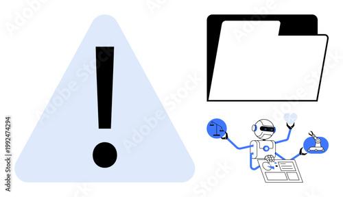 Data management, warning systems, artificial intelligence, automation, machine learning, analytics. A triangular warning symbol, folder and AI robot. Data management and warning systems ion